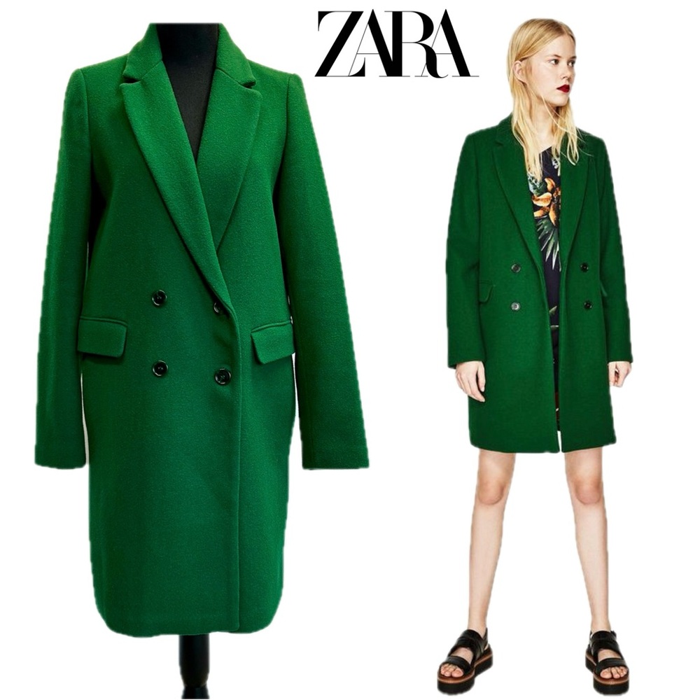 Zara Women's Green double breasted wool blend coat Sz S fall winter